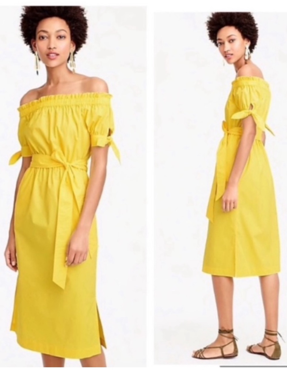 J Crew Off Shoulder Belted Cotton Dress Yellow NWT